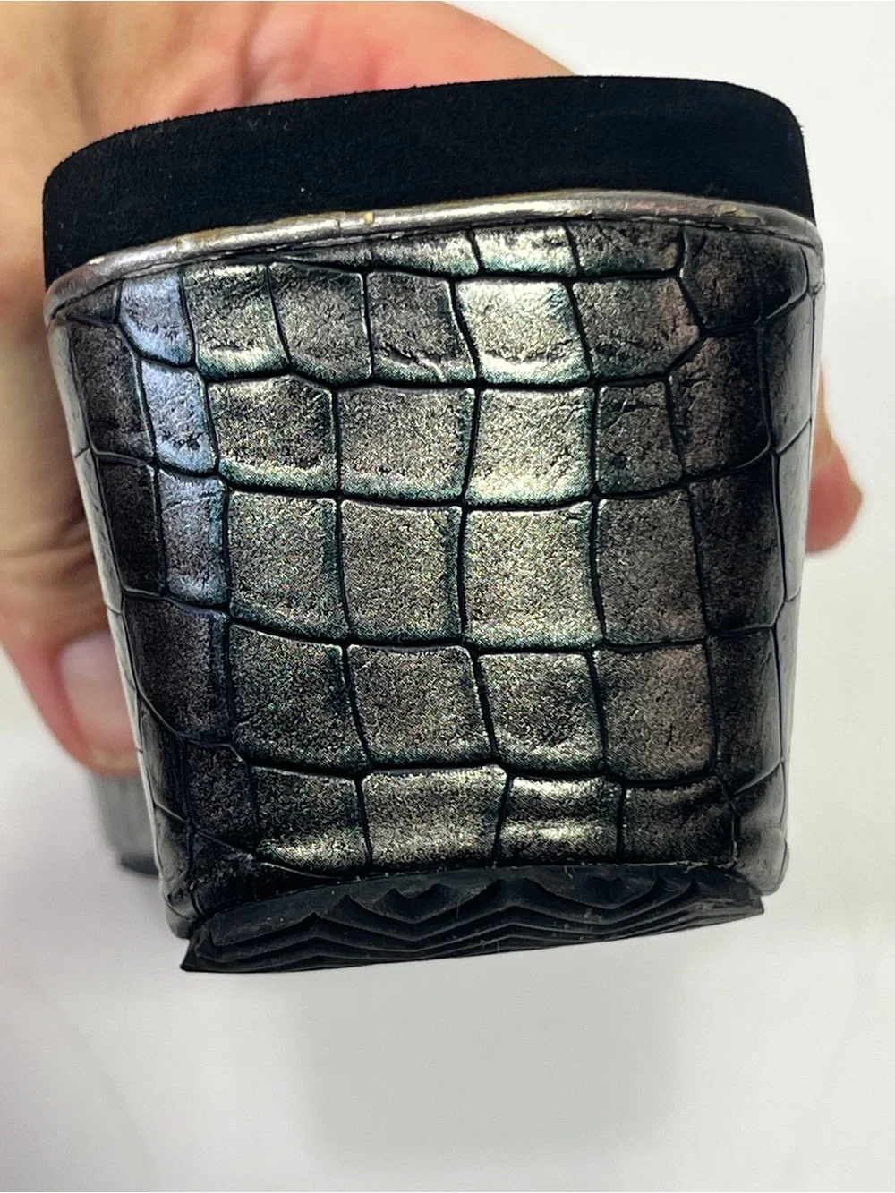 Volatile Metallic Black Croc-Embossed Wedge Thong Sandals